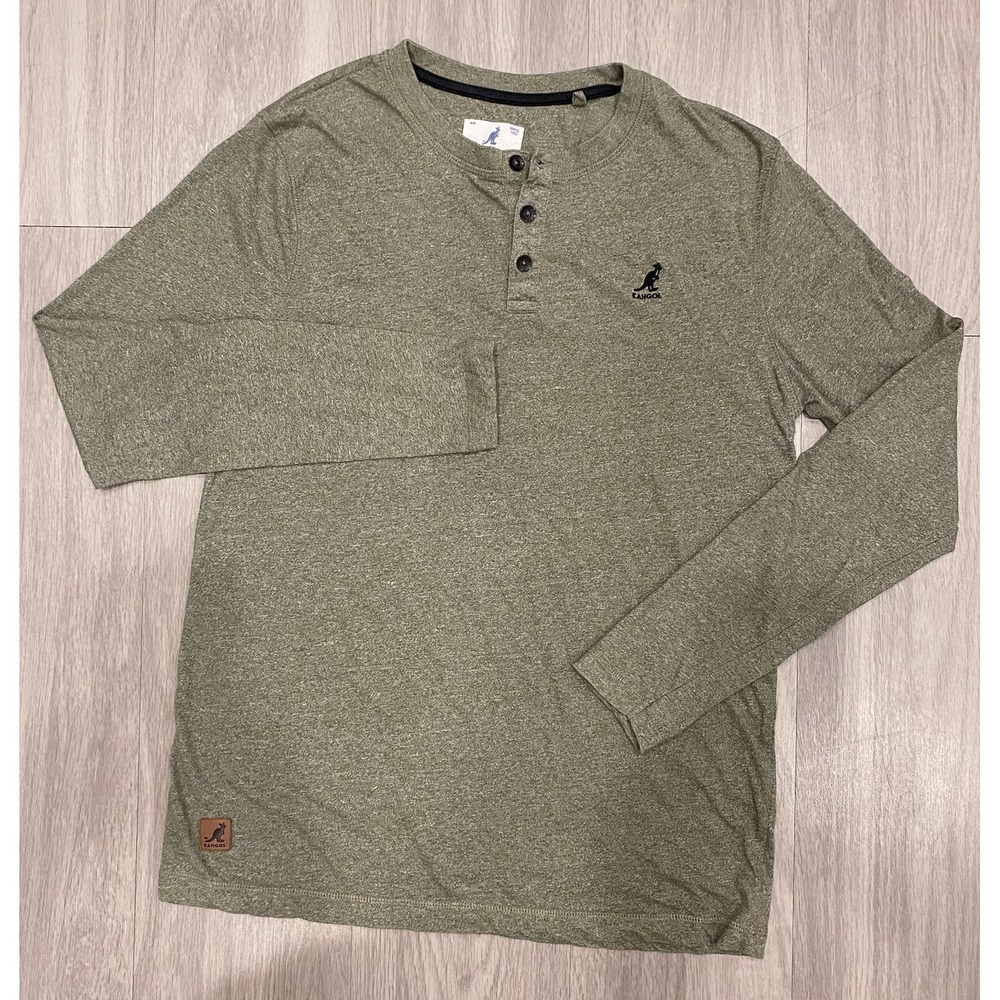 Kangol Shirt Mens Medium Green Cotton Poly Blend Crew Neck 1/4 Button LS Adult